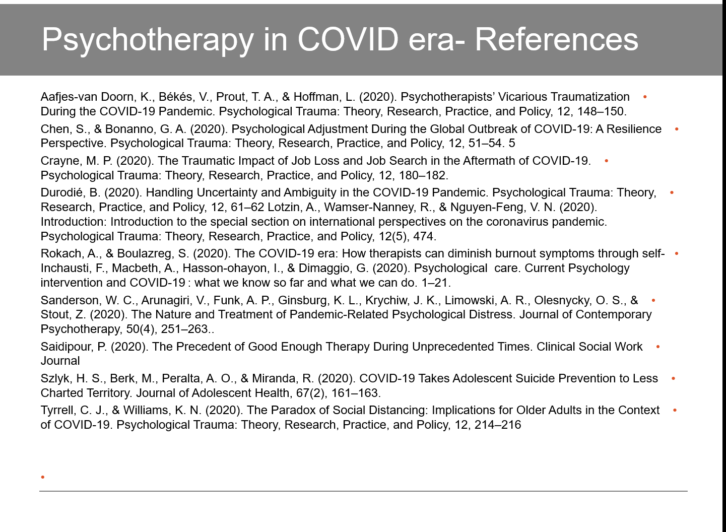 סקירת ספרות על פסיכותרפיה בעידן קורונה ומניעת שחיקה של מטפלים- רשימת מקורות 